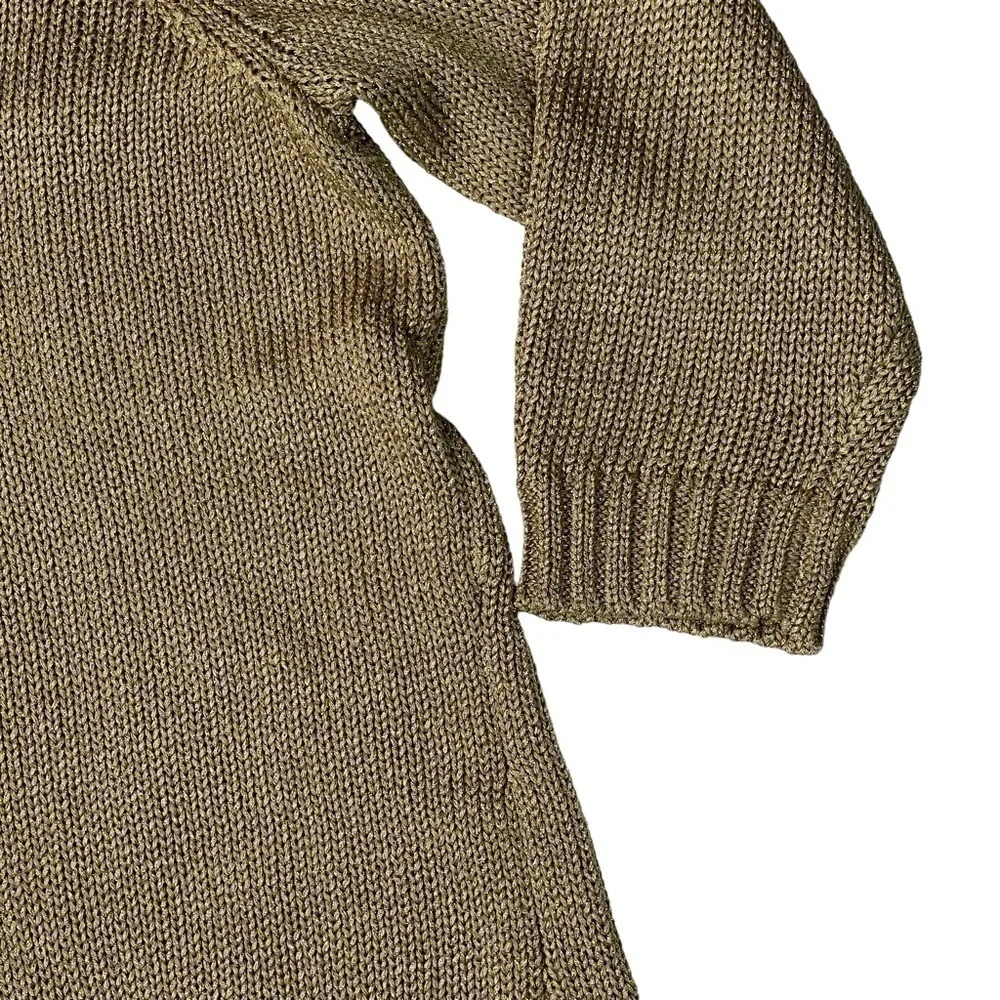 LAUREN RALPH LAUREN METALLIC GOLD V-NECK 3/4 SLEEVE RIBBED PULLOVER SWEATER